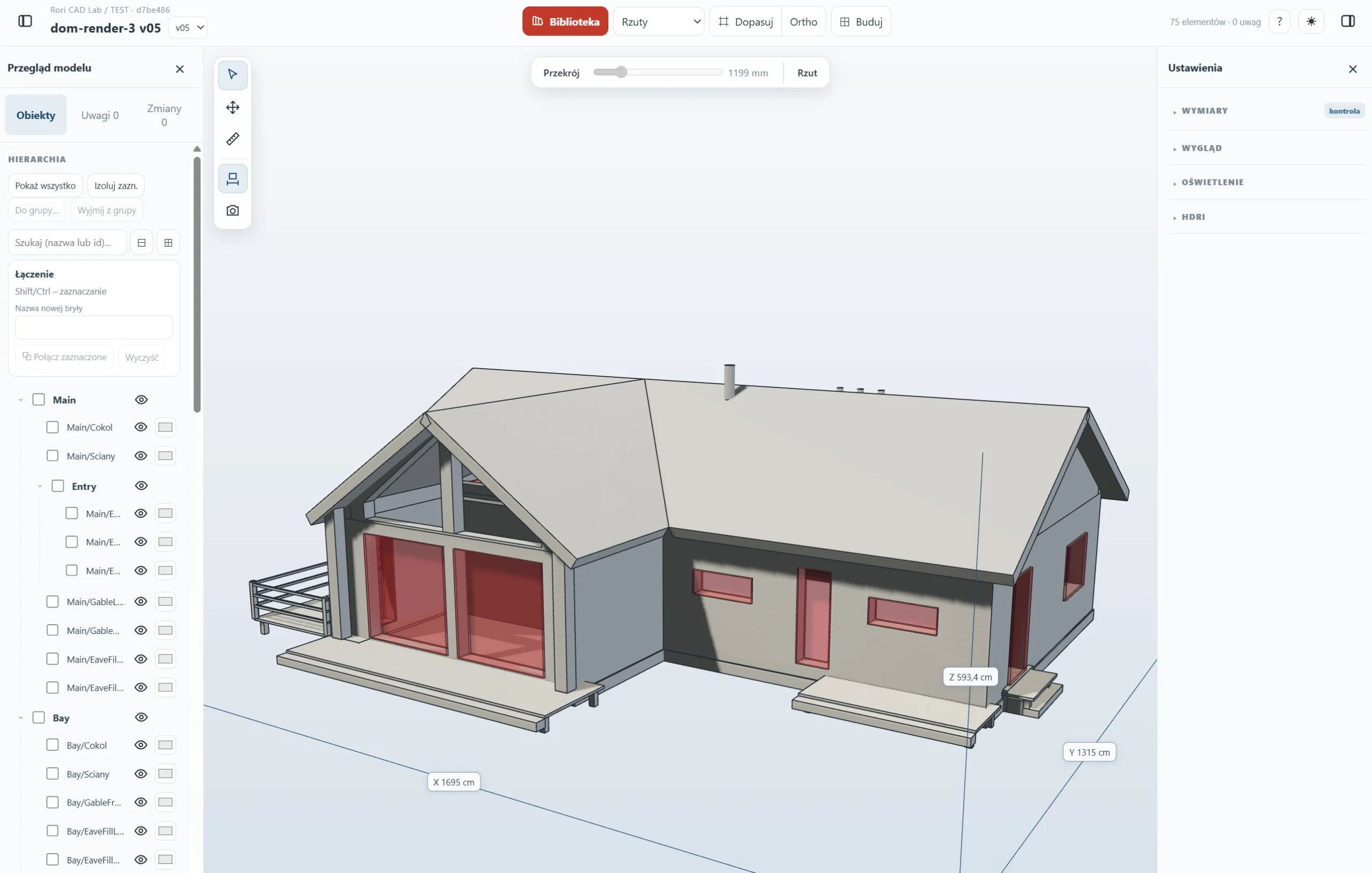 Aplikacja webowa: model 3D domu z drzewem obiektów i przekrojem