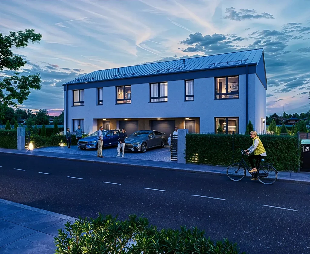Terraced homes at dusk, view 1