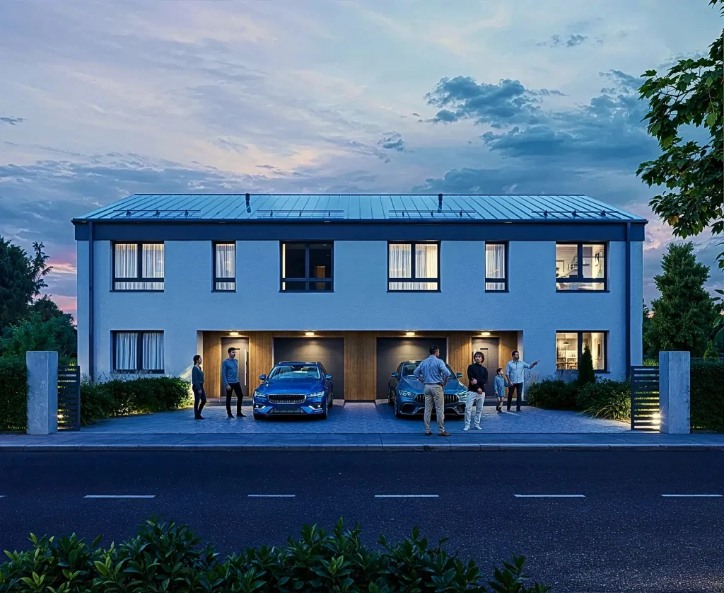Terraced homes at dusk, view 2